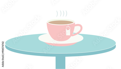 Illustrazione vettoriale di una tazzina di caffè su un tavolo in un caffè, con colori pastello che creano un'atmosfera elegante e rilassante, ideale per la colazione.