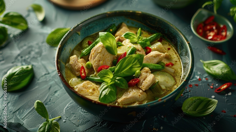 Thai Green Curry with Chicken and Vegetables in a Ceramic Bowl Thai Green Curry with Chicken and Vegetables in a Ceramic Bowl
