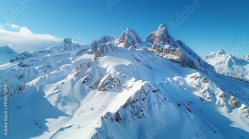 Aerial drone shot of snowy mountain peaks with clear blue sky, Snowy mountains, winter wilderness