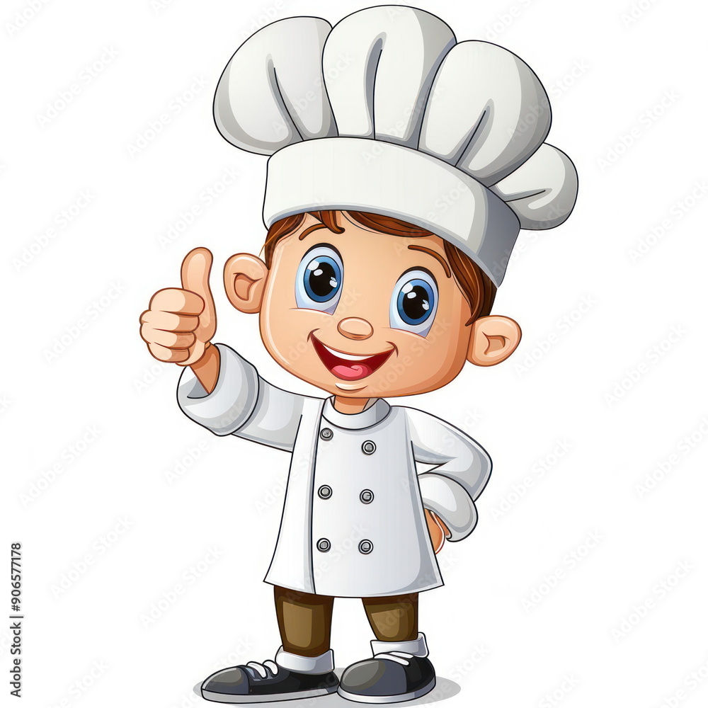 Cartoon character of cute child giving thumbs up ,wear chef uniform, white background, vector illustration Cartoon character of cute child giving thumbs up ,wear chef uniform, white background, vector illustration