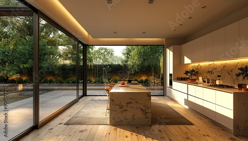 Kitchen interior in beautiful new luxury home with kitchen island and wooden floor, bright modern minimal style, with copy space4 photo