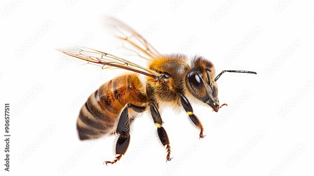 Individual honey bee suspended in mid-air, isolated on a pristine white background, showcasing its delicate wings and body Individual honey bee suspended in mid-air, isolated on a pristine white background, showcasing its delicate wings and body