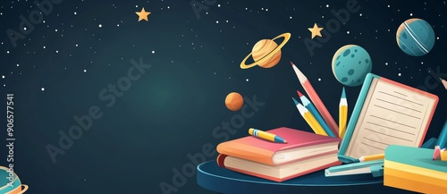 Modern cartoon illustration of school supplies on a table with a dark background and stars