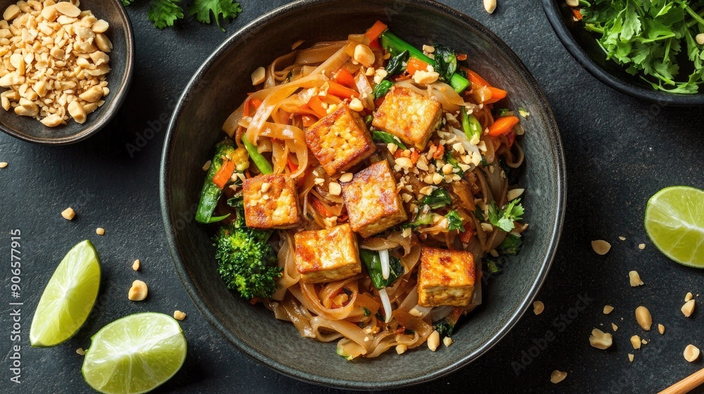 Top view of a bowl of Pad Thai with crispy tofu, rice noodles, and mixed vegetables, topped with crushed peanuts and lime wedges. Top view of a bowl of Pad Thai with crispy tofu, rice noodles, and mixed vegetables, topped with crushed peanuts and lime wedges.