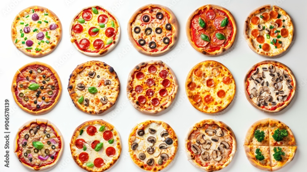 Set of pizzas with assorted toppings, each piece isolated on a pristine white background, highlighting their delicious and high-calorie ingredients Set of pizzas with assorted toppings, each piece isolated on a pristine white background, highlighting their delicious and high-calorie ingredients