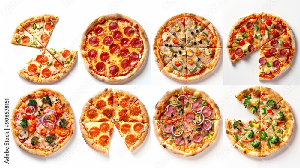Set of pizzas with assorted toppings, each piece isolated on a pristine white background, highlighting their delicious and high-calorie ingredients Set of pizzas with assorted toppings, each piece isolated on a pristine white background, highlighting their delicious and high-calorie ingredients