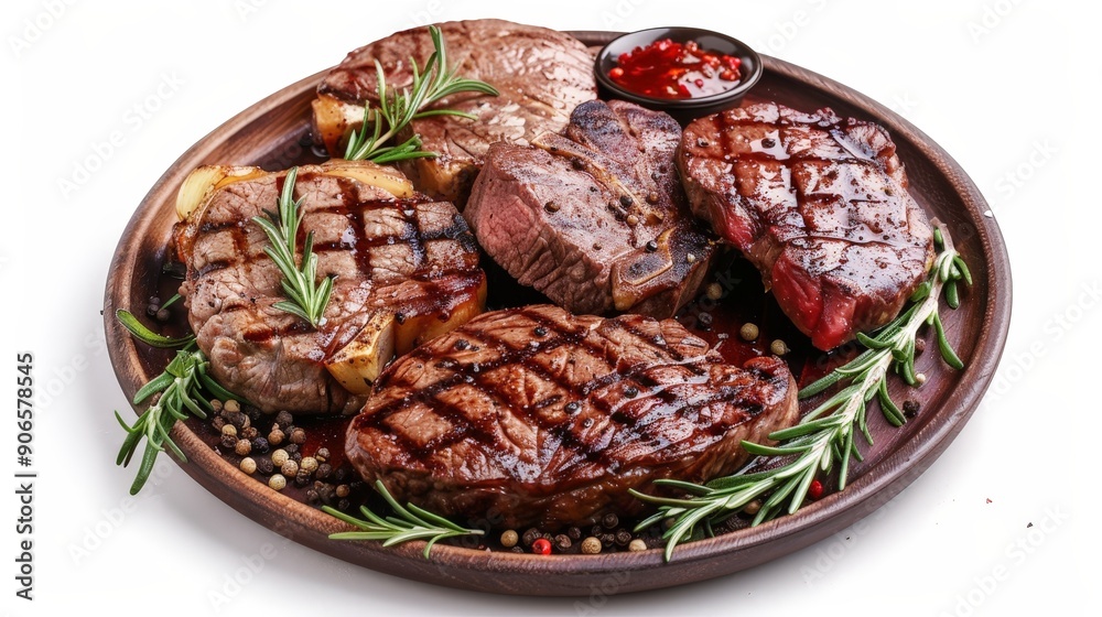 Set of different grilled meat steaks on a plate, decorated with pepper sauce and rosemary, isolated on a white background, showcasing popular beef steak and delicious food Set of different grilled meat steaks on a plate, decorated with pepper sauce and rosemary, isolated on a white background, showcasing popular beef steak and delicious food
