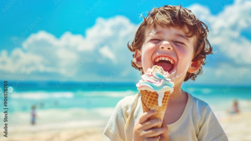A little child holding an ice cream and eating at sandy beach with blue sea
