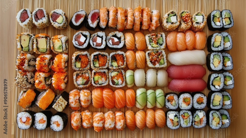 Top view of a delicious sushi assortment on a bamboo mat, featuring classic rolls and creative fusion options. Top view of a delicious sushi assortment on a bamboo mat, featuring classic rolls and creative fusion options.