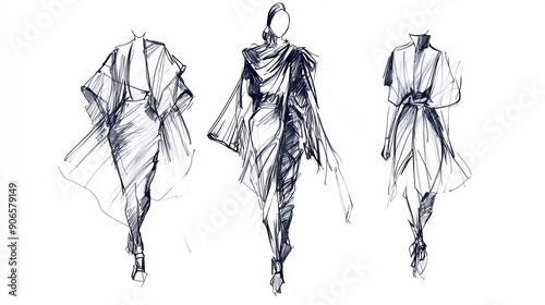 minimal modern and avant garde fashion sketches on a white background, 16:9