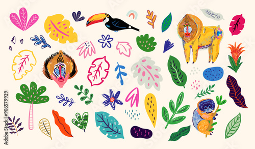 Vector art collection with monkeys, leaves and flowers. Hand-drawn illustrations.