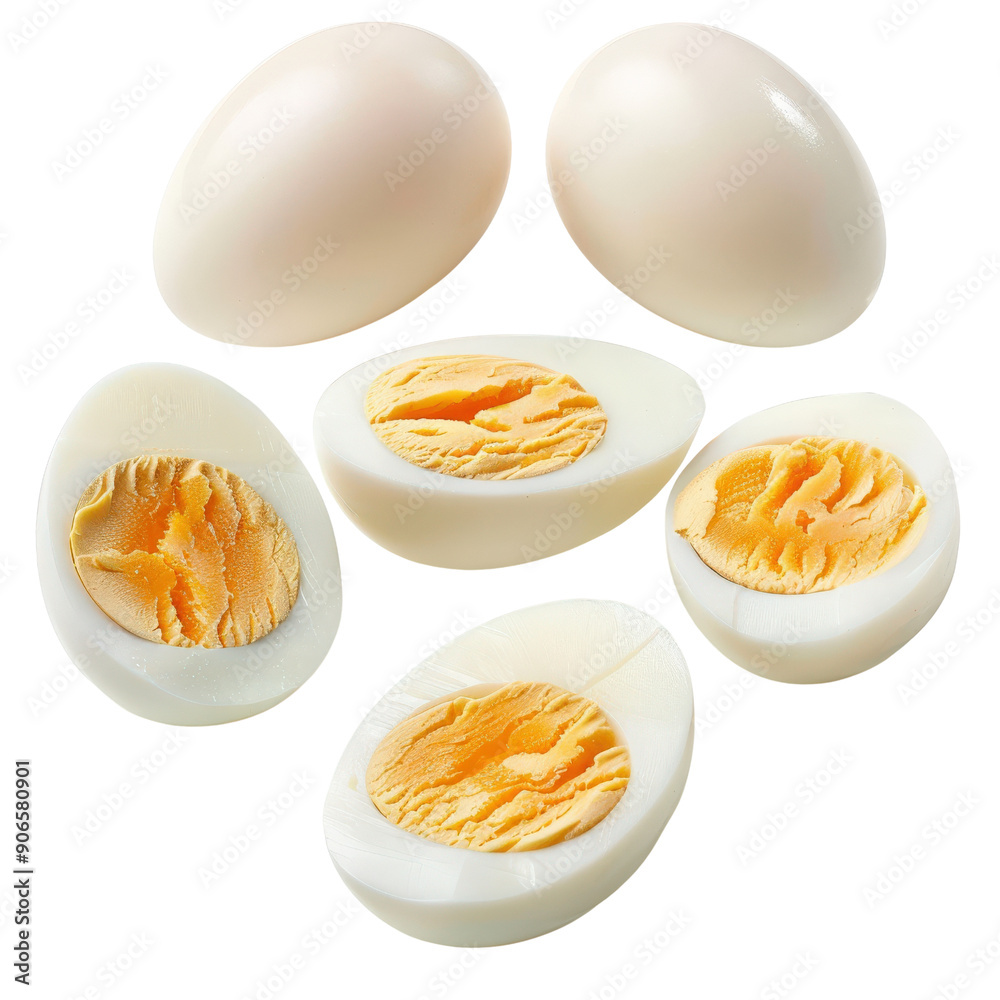 High-quality image of whole and halved boiled eggs, perfect for breakfast, recipe, or healthy diet illustrations. High-quality image of whole and halved boiled eggs, perfect for breakfast, recipe, or healthy diet illustrations.