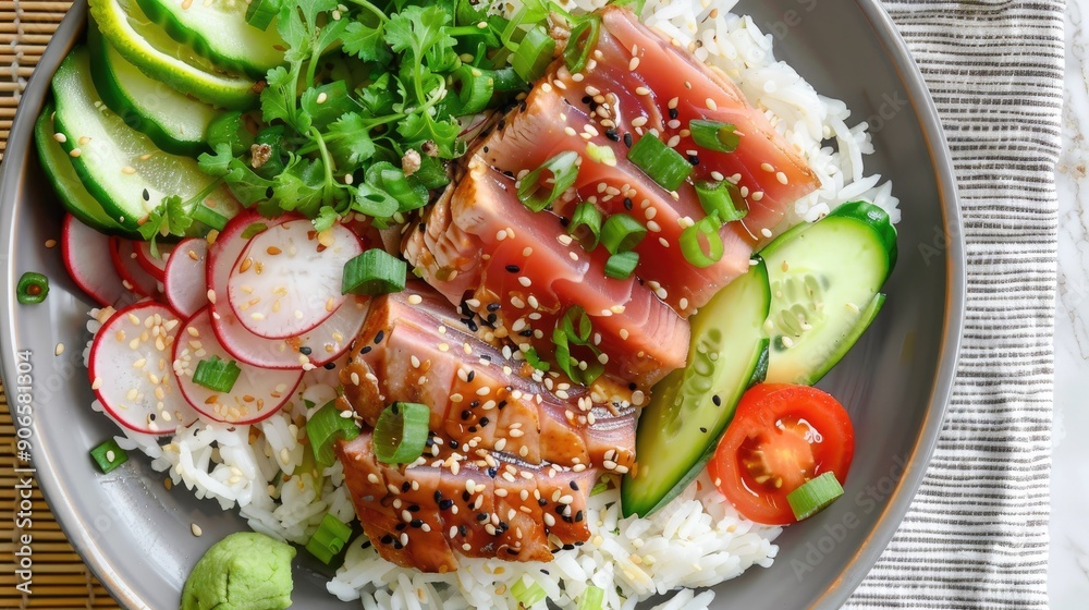Top view of a plate of seared tuna with a sesame soy glaze, served with a side of steamed jasmine rice and fresh vegetables. Top view of a plate of seared tuna with a sesame soy glaze, served with a side of steamed jasmine rice and fresh vegetables.