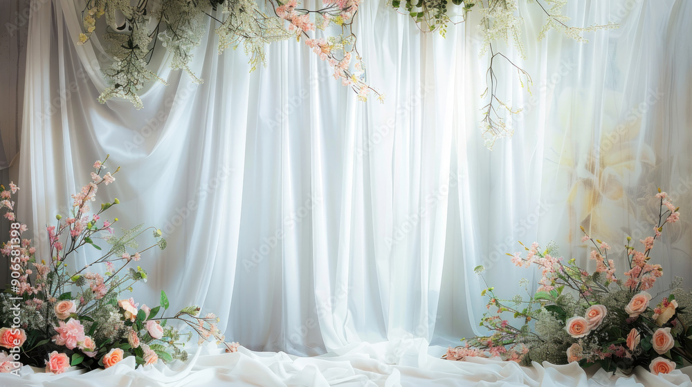 White Sheer Fabric Backdrop with Delicate Pink Flowers. White Sheer Fabric Backdrop with Delicate Pink Flowers.