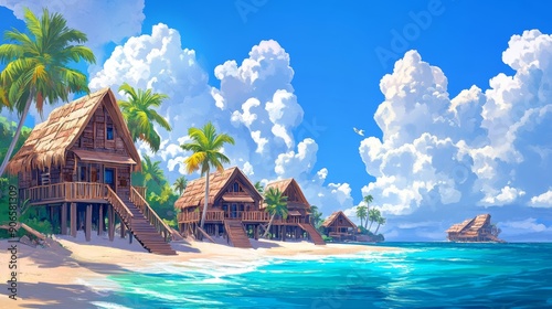 When summer arrives, a resort with a tropical beach and sea of trees can be seen. It's a cartoon or anime watercolor digital painting illustration style.
