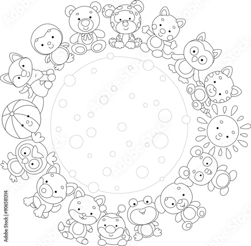 Round background with a set of funny baby animals drawn in a cartoon style, black and white outlined vector illustration