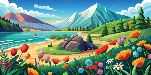 mountains sea beach flowers poppy vector art illustration.AI GENERATED