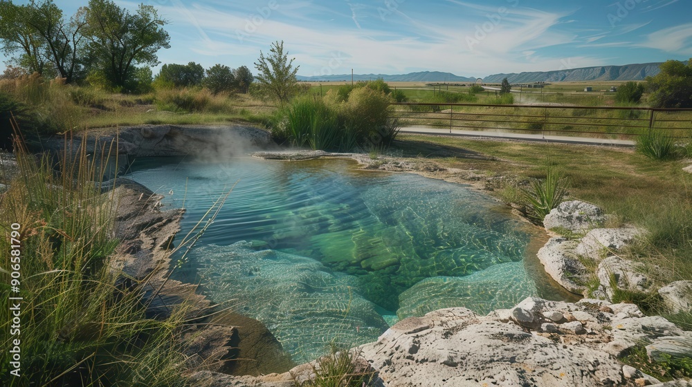 Obraz premium Natural hot springs harnessed for energy, renewable power, front view, green technology, cybernetic tone, Splitcomplementary color scheme, copy space for text