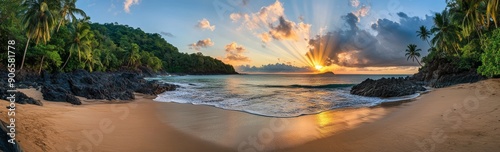 Sunrise or sunset scene on a paradise beach with palm trees and calm ocean. Panorama banner.