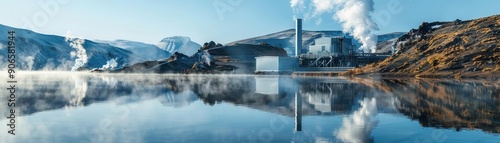 Renewable energy from geothermal plant, earths steam, front view, sustainable technology, cybernetic tone, Splitcomplementary color scheme, copy space for text photo