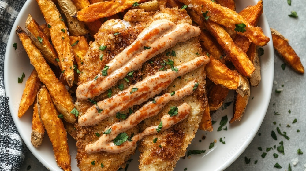 Top view of a serving of fried chicken breast topped with a spicy sriracha mayo and served with sweet potato fries. Top view of a serving of fried chicken breast topped with a spicy sriracha mayo and served with sweet potato fries.