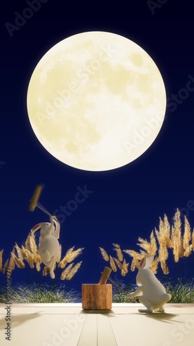 満月の夜に杵で餅をつく白うさぎ / 縦構図動画 / ループ再生可能 / 十五夜・中秋の名月・お月見のモーションイメージ / 3Dレンダリング