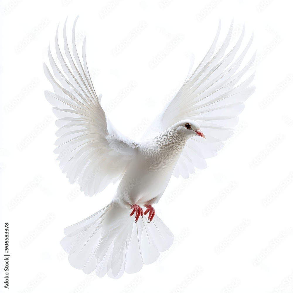 An isolated, clear image of a white pigeon flapping its wings. An isolated, clear image of a white pigeon flapping its wings.