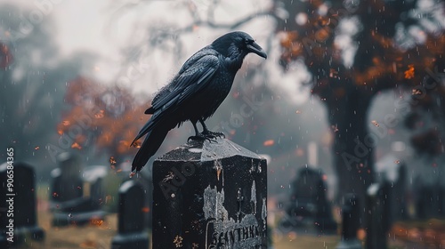 Raven sitting on the grave against the backdrop of a cemetery