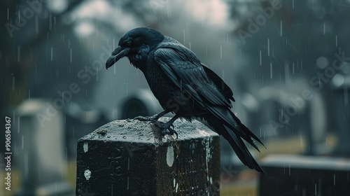 Raven sitting on the grave against the backdrop of a cemetery