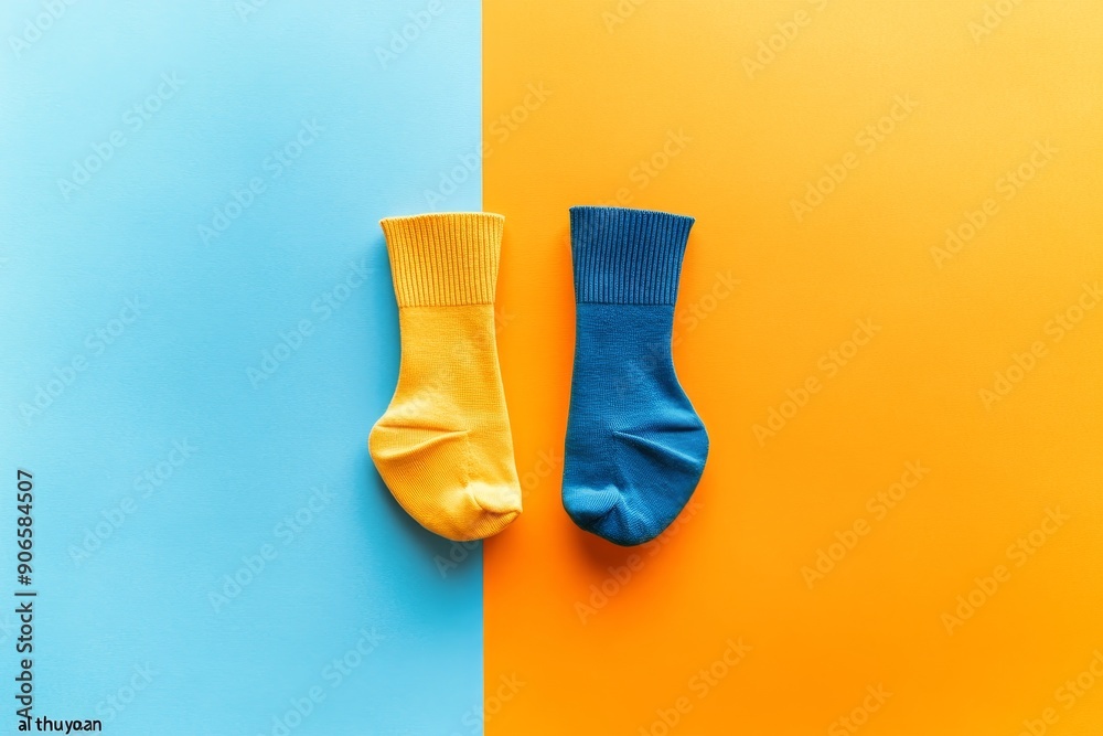 A colorful yellow and light blue geometric shape background with two mismatched socks A colorful yellow and light blue geometric shape background with two mismatched socks