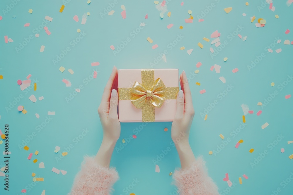 A woman holds an elegant gift box with a golden ribbon against a blue background with confetti scattered about. A woman holds an elegant gift box with a golden ribbon against a blue background with confetti scattered about.