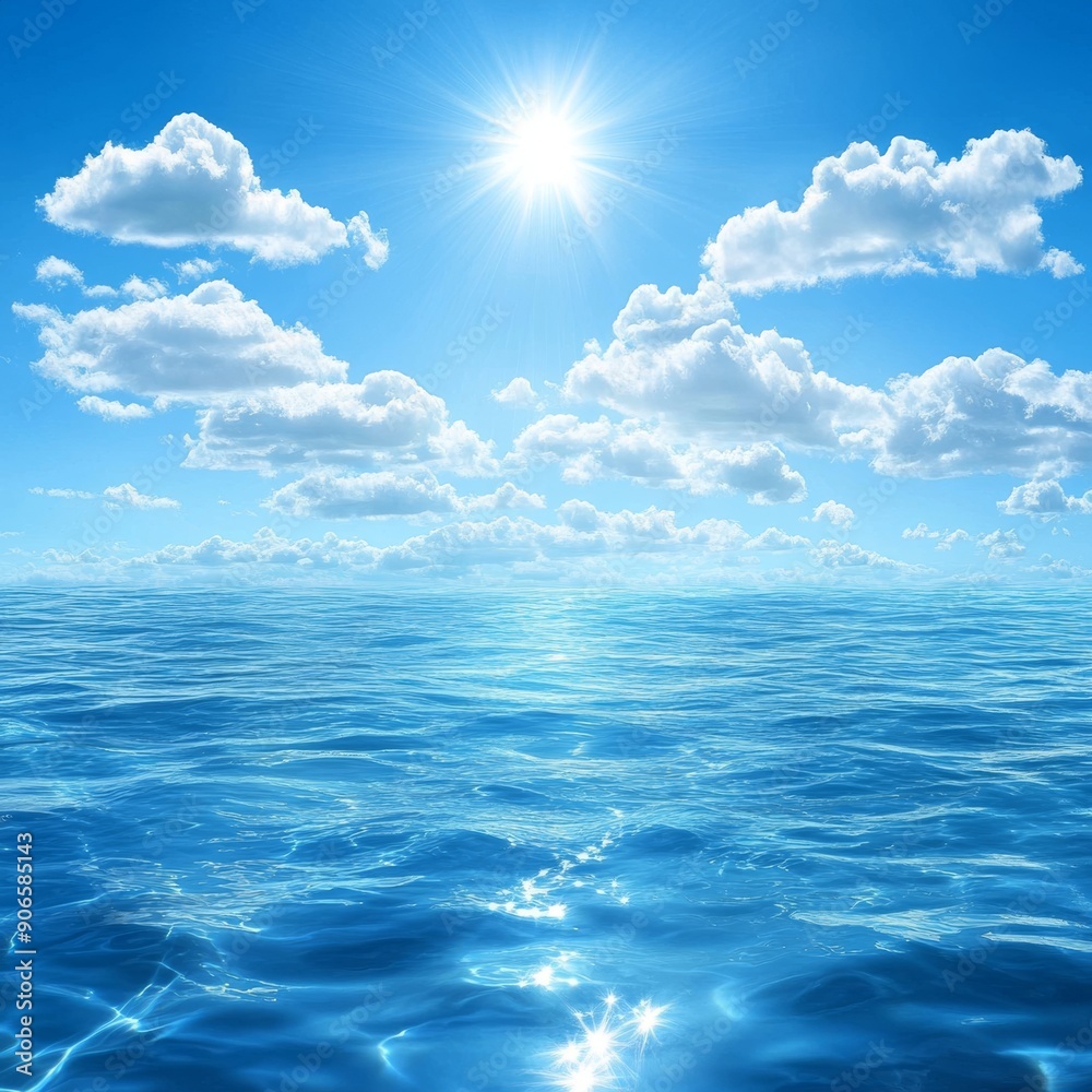 With a blue ocean and a sun-reflected sky, we see the vast open sea with a clear sky above. With a blue ocean and a sun-reflected sky, we see the vast open sea with a clear sky above.