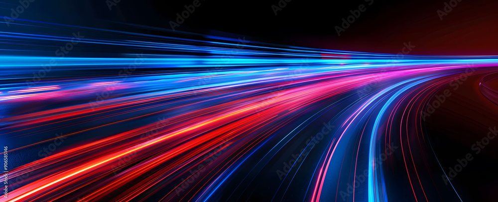 Abstract illustration depicting high-speed light trails in 3D, creating a dynamic and futuristic backdrop. The red and blue light motion trails convey a sense of fast movement and modern technology. Abstract illustration depicting high-speed light trails in 3D, creating a dynamic and futuristic backdrop. The red and blue light motion trails convey a sense of fast movement and modern technology.