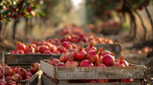 Fresh pomegranate fruit in wooden crates in plantation farm field photo