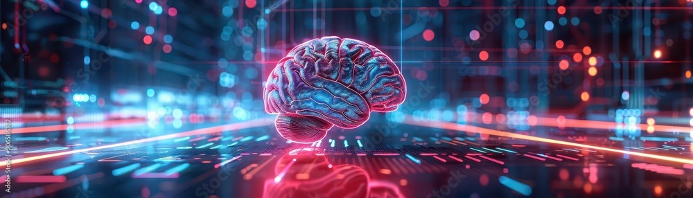 Advanced 3D brain display, side view, neon lighting effects, futuristic tone, Analogous Color Scheme Advanced 3D brain display, side view, neon lighting effects, futuristic tone, Analogous Color Scheme