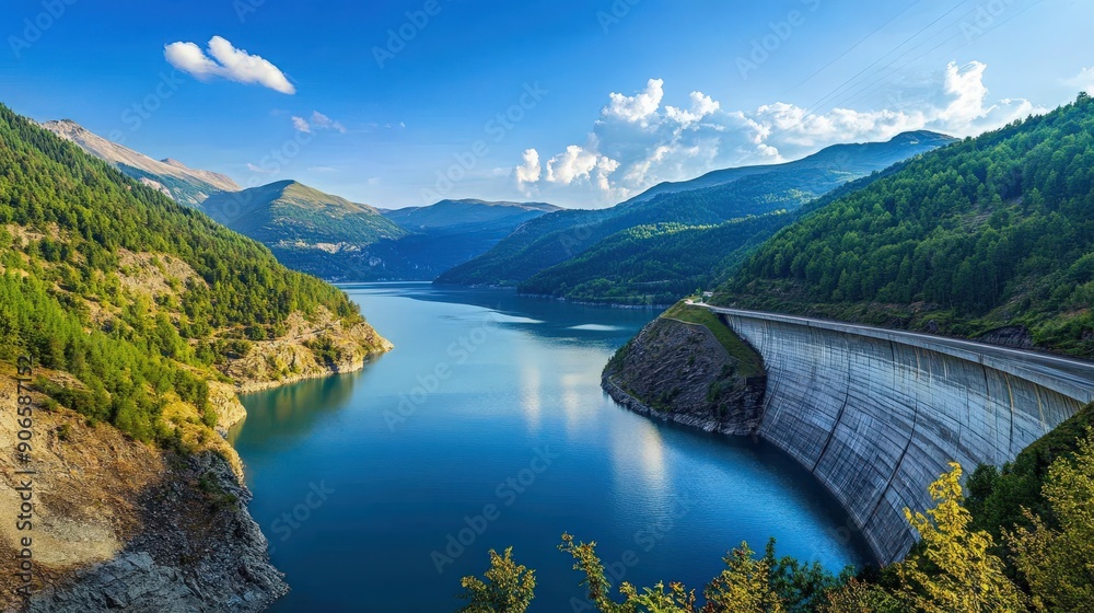 Stunning landscape of a tranquil lake surrounded by mountains, featuring engineered dam and clear blue skies. Stunning landscape of a tranquil lake surrounded by mountains, featuring engineered dam and clear blue skies.
