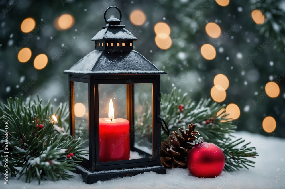 Festive Black Lantern with Red Candle and Christmas Ornaments on Snowy Night with Pine Branches Festive Black Lantern with Red Candle and Christmas Ornaments on Snowy Night with Pine Branches