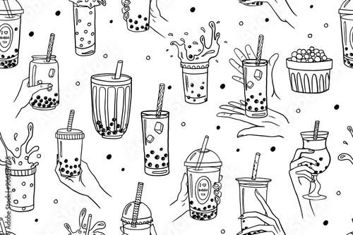 Seamless pattern of hand drawn bubble tea theme elements in doodle style. Bubble tea in hand. Boba milk tea, pearl milk tea and yummy drinks banner. Tea with tapioca splashing liquid