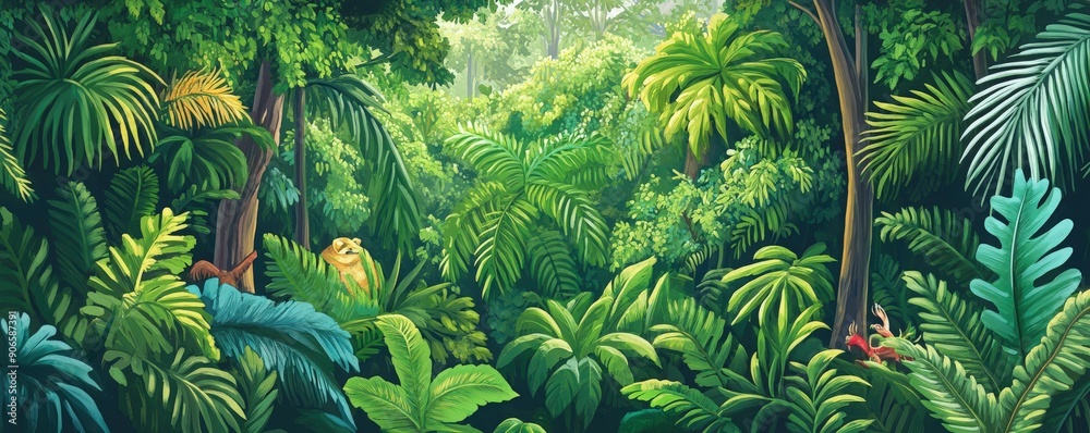 Fototapeta premium Vibrant green jungle scene showcasing dense foliage and lush plant life in a tropical environment.