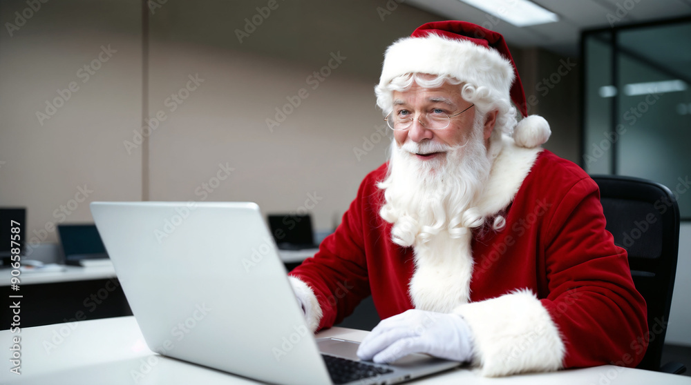 Santa Claus sitting in front of a laptop, office in the background, Christmas and holiday concept. Santa Claus sitting in front of a laptop, office in the background, Christmas and holiday concept.