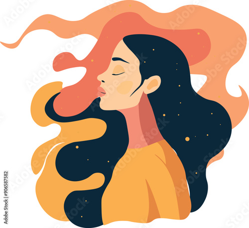 Deep breath and mindfulness concept. Woman calm and relaxed, mental health, self care or meditation. Vector illustration in flat style