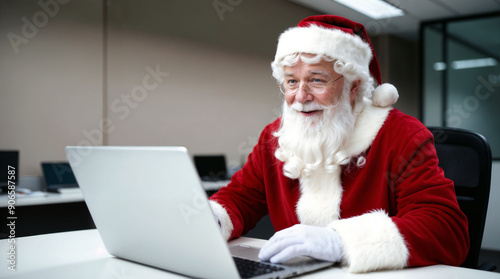 Santa Claus sitting in front of a laptop, office in the background, Christmas and holiday concept.