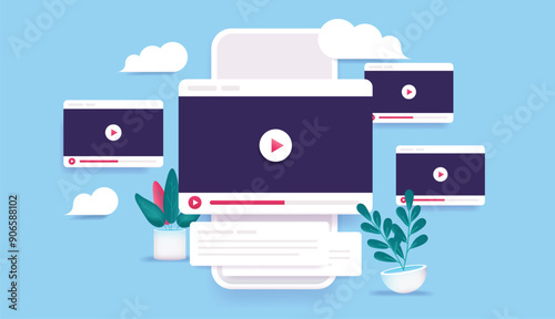 Mobile phone with videos - Watching movie tube clips on smartphone with player windows floating around. Social media and content concept in semi flat vector design