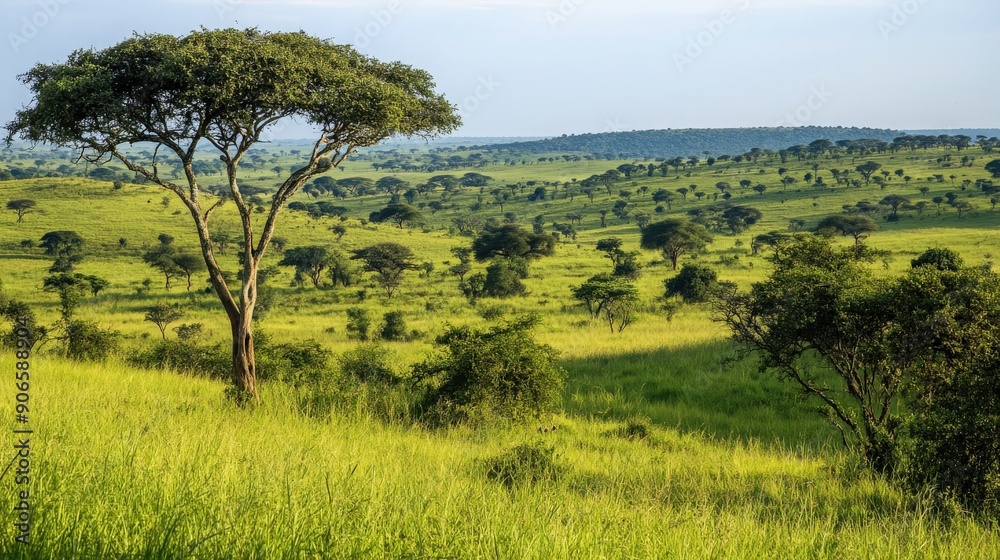 Lush green landscape featuring an acacia tree under a bright sky, showcasing the beauty of nature and open spaces. Lush green landscape featuring an acacia tree under a bright sky, showcasing the beauty of nature and open spaces.