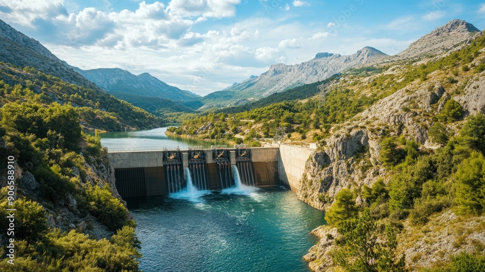 Scenic view of a dam surrounded by mountains and lush greenery, with water flowing beautifully into the serene lake below. Scenic view of a dam surrounded by mountains and lush greenery, with water flowing beautifully into the serene lake below.