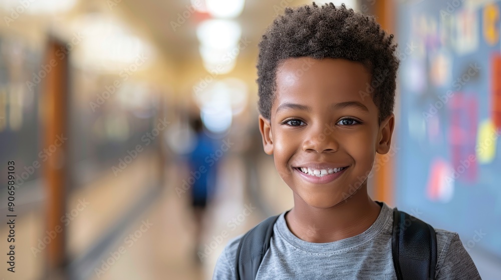 Happy African American Elementary School Student In Hallway Happy African American Elementary School Student In Hallway