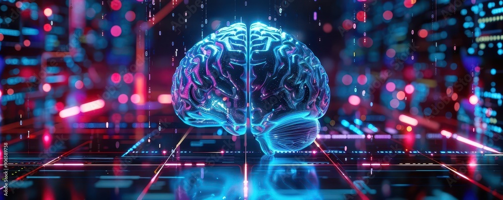 Innovative brain hologram system, front view, visualizing thought patterns, robotic tone, Tetradic color scheme Innovative brain hologram system, front view, visualizing thought patterns, robotic tone, Tetradic color scheme