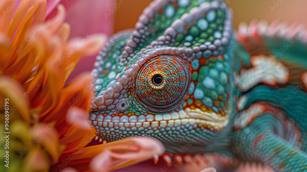 Detailed Close-Up of Chameleon Perched on Flower Detailed Close-Up of Chameleon Perched on Flower