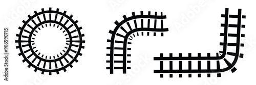 Set of railroad segments. Rail road elements top view. Train track straight and waved lines, circle and oval frames isolated on white background. Fence or stairs texture. Vector graphic illustration
