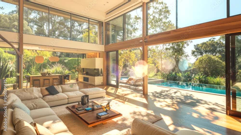 Spacious living room with large windows overlooking a pool and lush greenery. Spacious living room with large windows overlooking a pool and lush greenery.